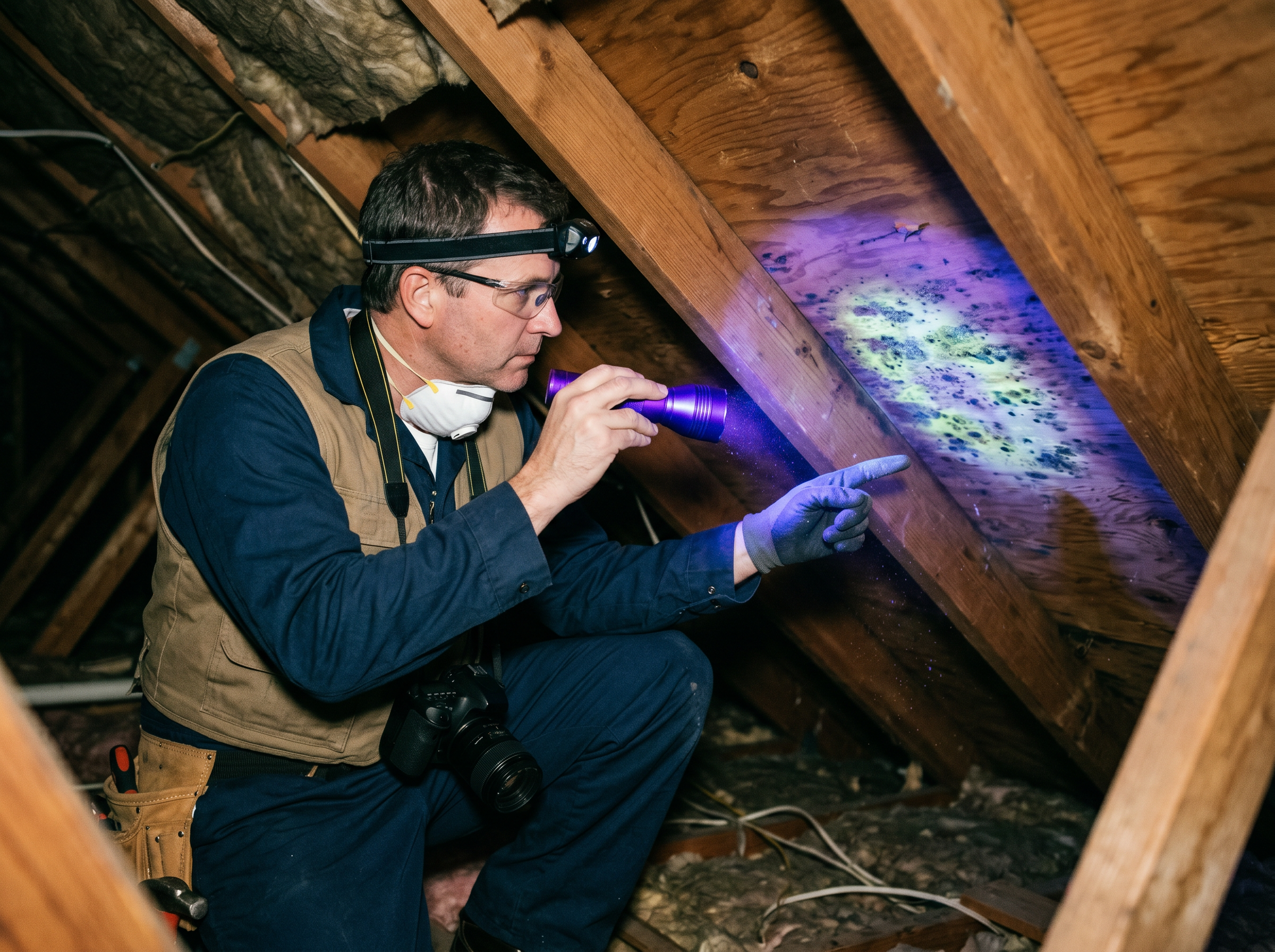 Mold inspector using UV flashlight to detect mold growth on attic rafters and roof sheathing during forensic inspection