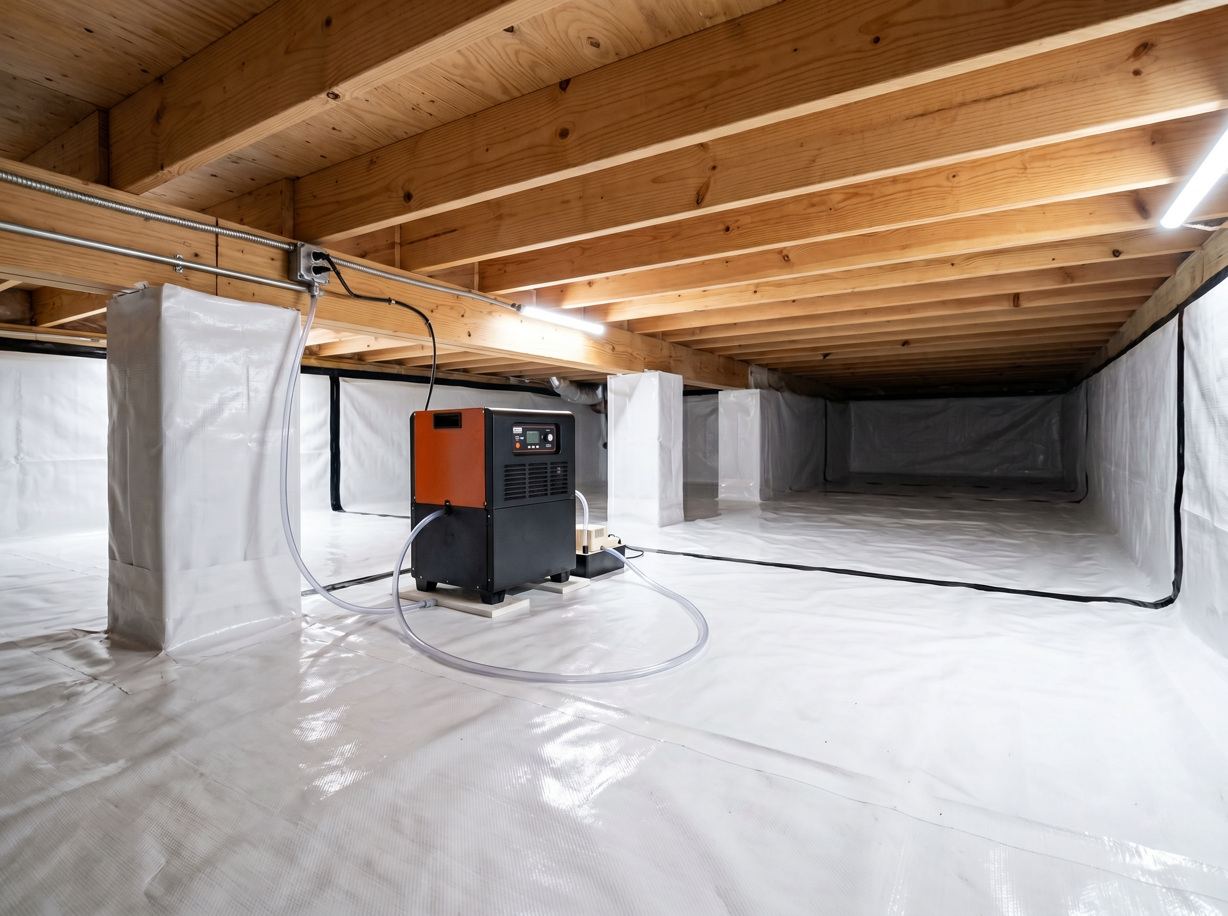 Fully encapsulated crawlspace with white vapor barrier, commercial dehumidifier, and moisture control system installed by Sick Building Group LLC