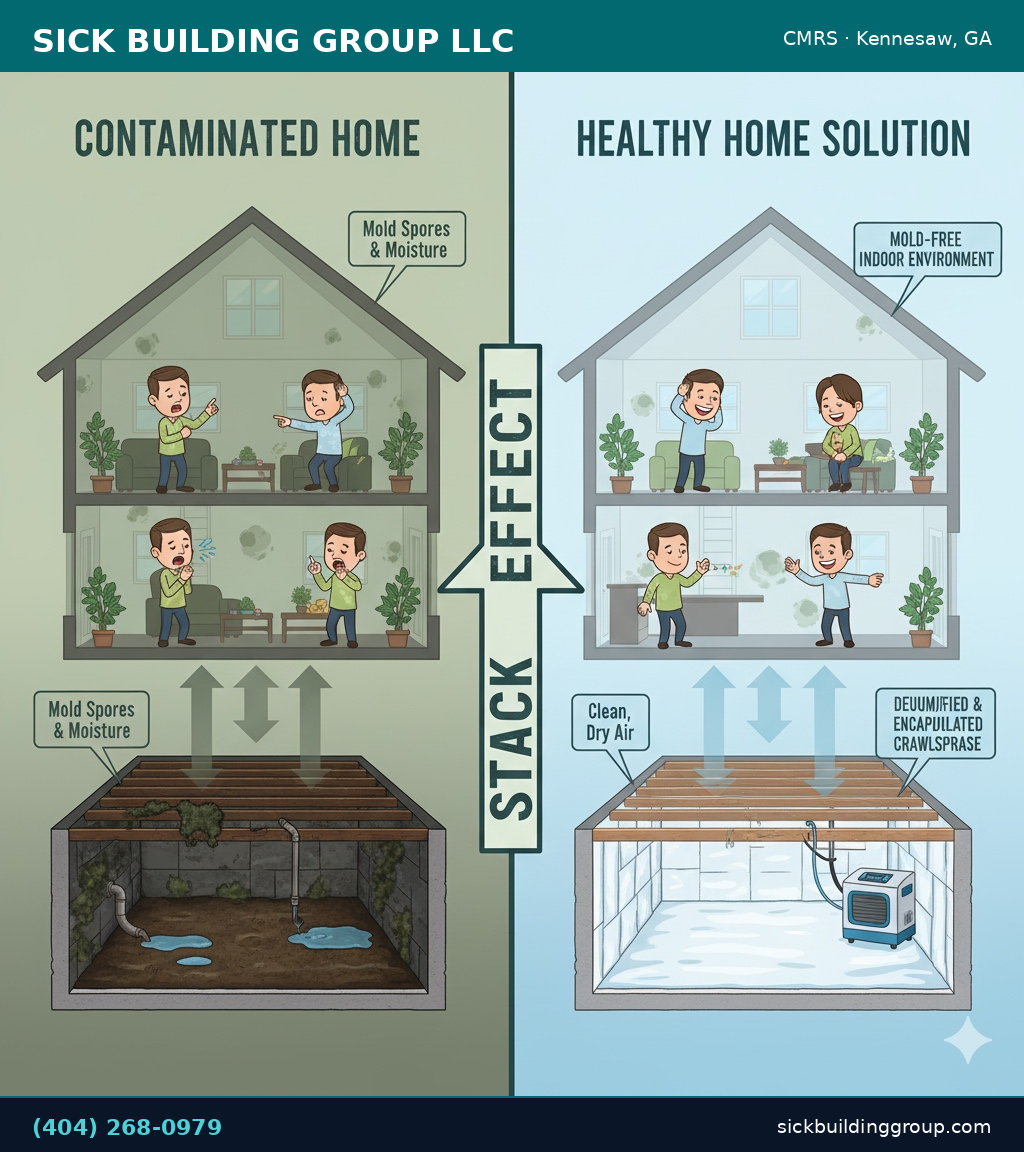Stack effect diagram showing how crawlspace mold spores and moisture travel upward into a home's living areas — and how proper encapsulation and remediation creates a healthy home